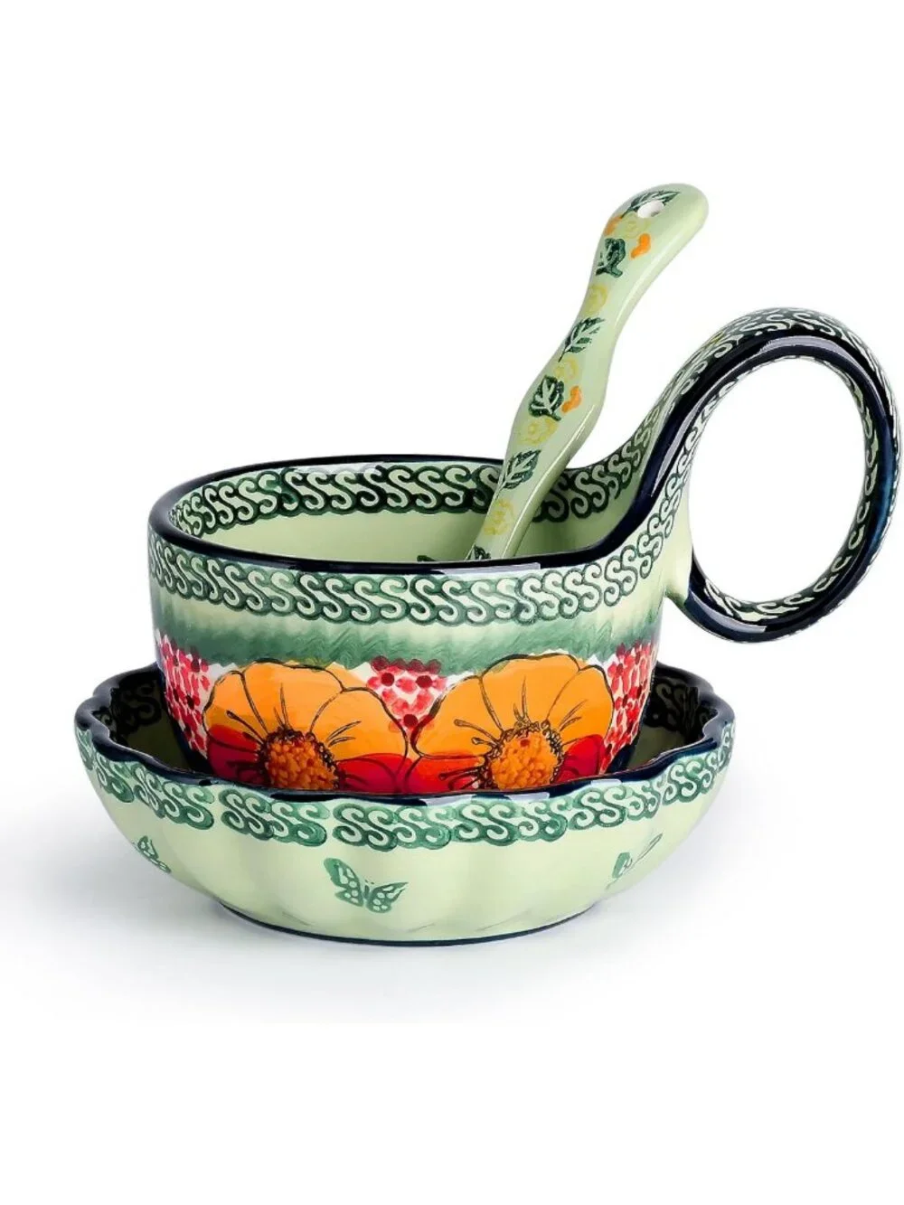 Handmade Ceramic Soup Bowl Set with Loop Handle, Spoon & Plate - Microwave Safe